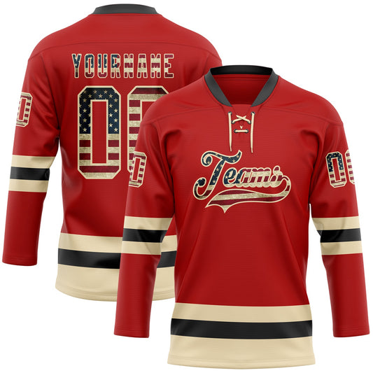 Custom Red Vintage USA Flag Cream-Black Hockey Lace Neck Jersey - Main View