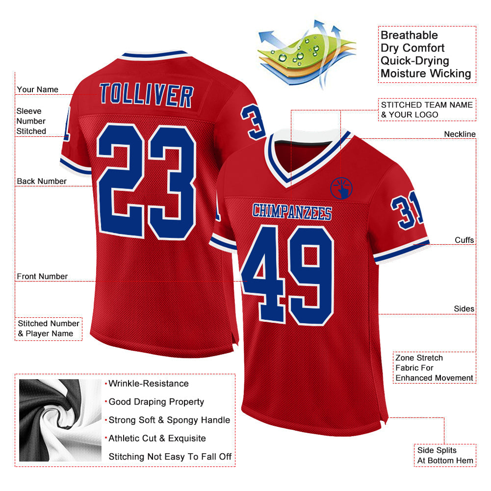 Custom Red Royal-White Mesh Authentic Throwback Football Jersey view 2