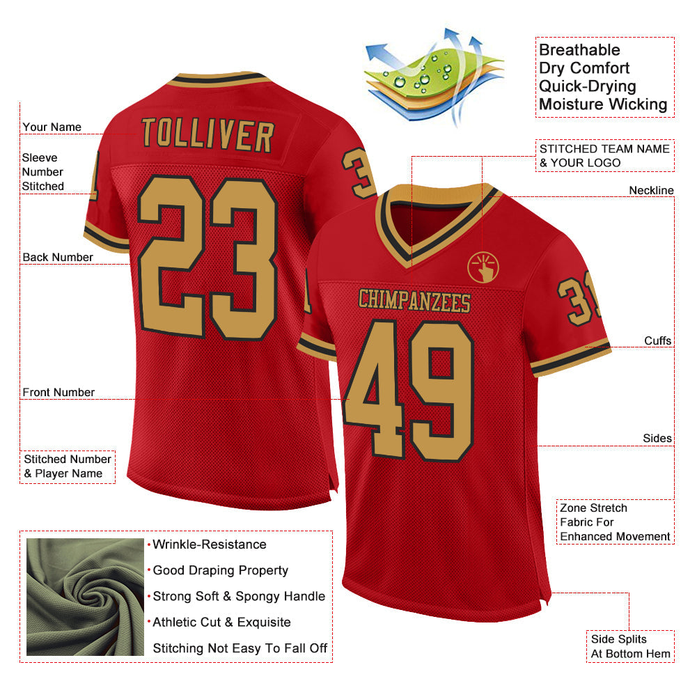 Custom Red Old Gold-Black Mesh Authentic Throwback Football Jersey view 2
