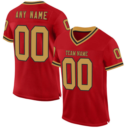 Custom Red Old Gold-Black Mesh Authentic Throwback Football Jersey - Main View