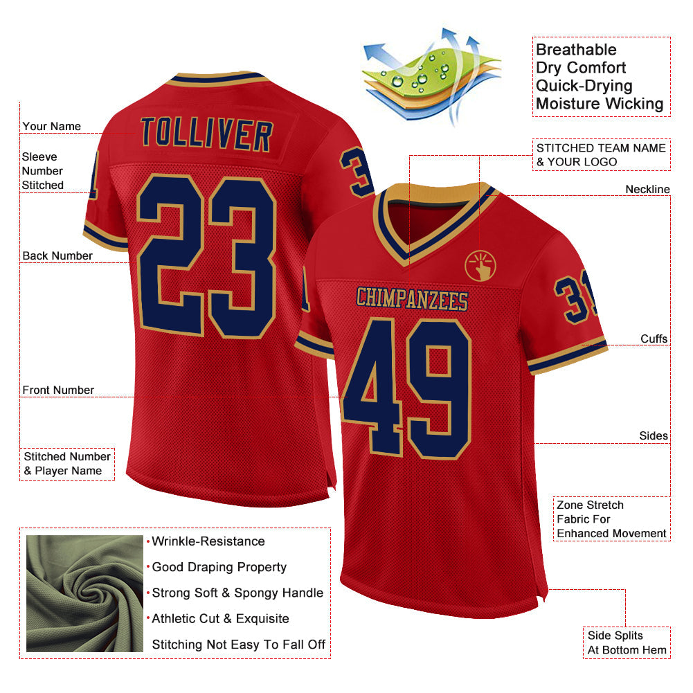 Custom Red Navy-Old Gold Mesh Authentic Throwback Football Jersey view 2