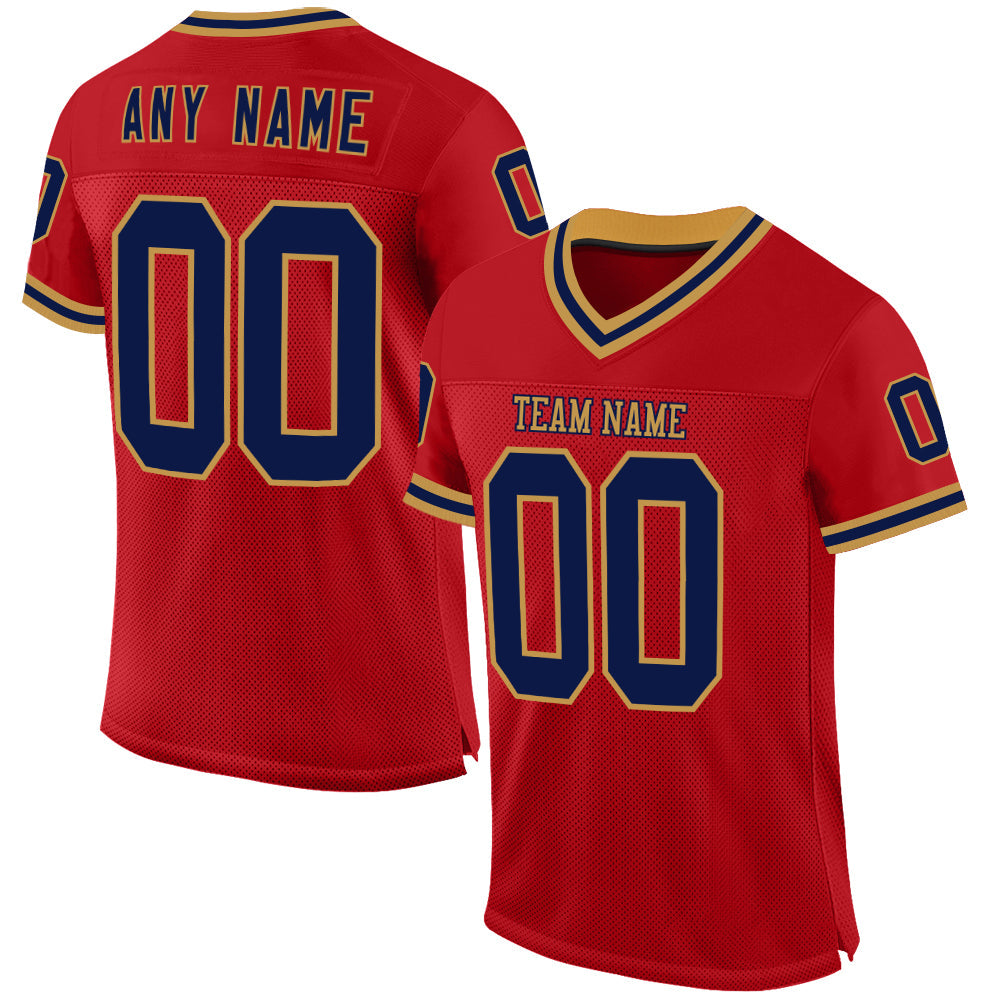 Custom Red Navy-Old Gold Mesh Authentic Throwback Football Jersey - Main View