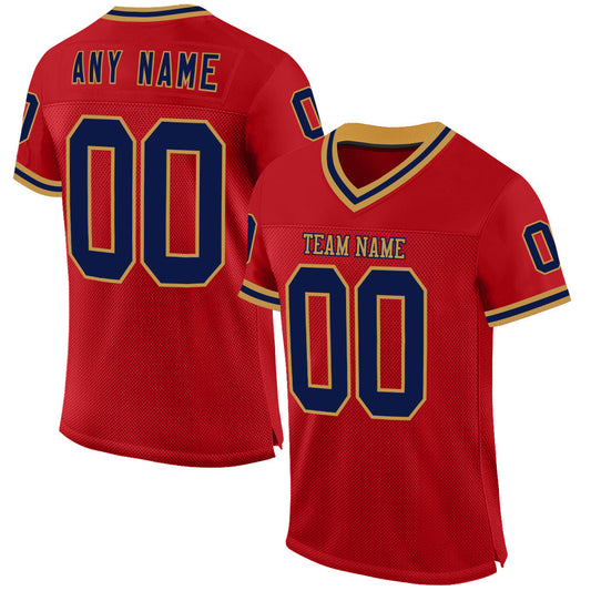 Custom Red Navy-Old Gold Mesh Authentic Throwback Football Jersey - Main View