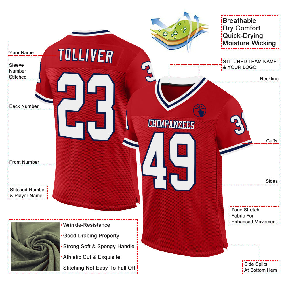 Custom Red White-Navy Mesh Authentic Throwback Football Jersey view 2
