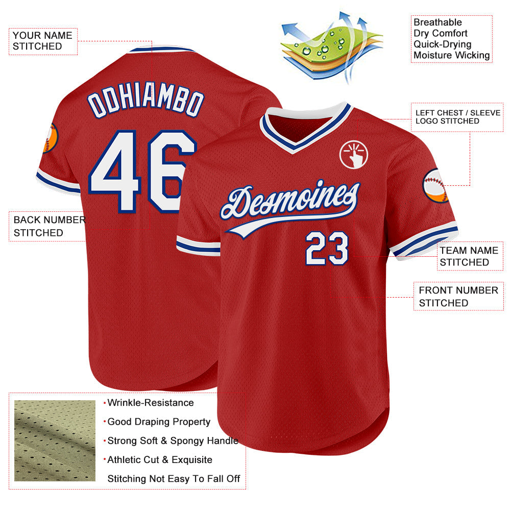 Custom Red White-Royal Authentic Throwback Baseball Jersey view 3