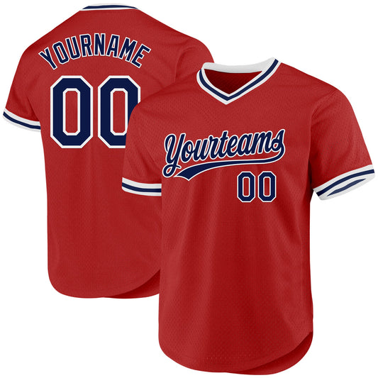 Custom Red Navy-White Authentic Throwback Baseball Jersey - Main View