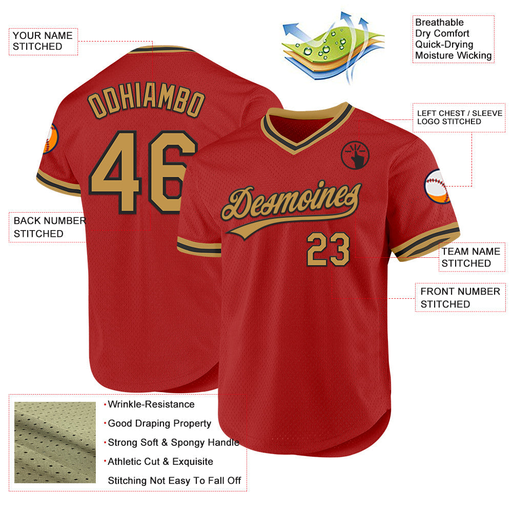 Custom Red Old Gold-Black Authentic Throwback Baseball Jersey view 3