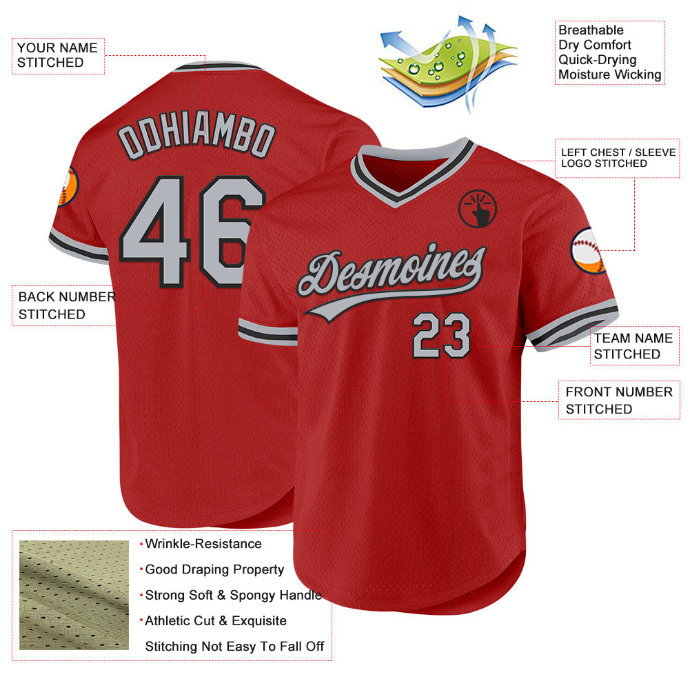 Custom Red Gray-Black Authentic Throwback Baseball Jersey view 3