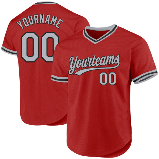 Custom Red Gray-Black Authentic Throwback Baseball Jersey - Main View