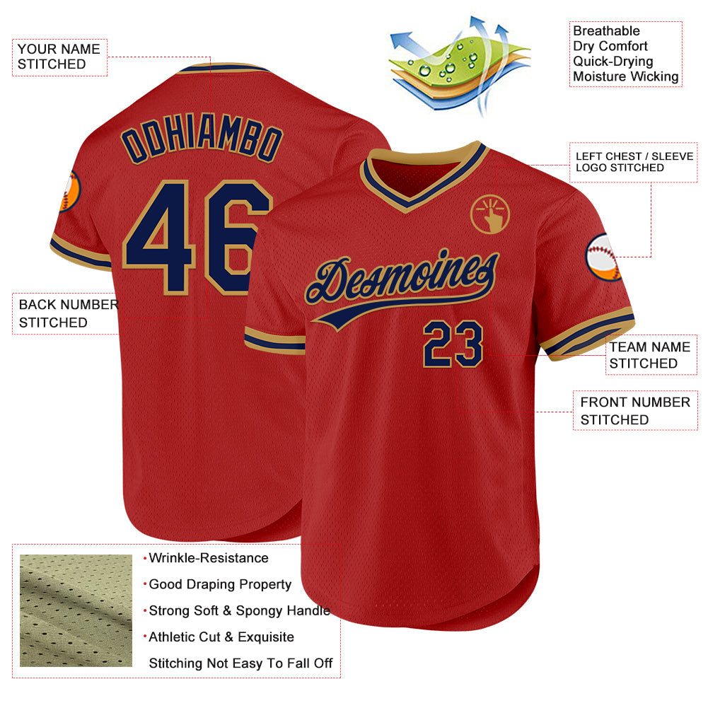 Custom Red Navy-Old Gold Authentic Throwback Baseball Jersey view 3