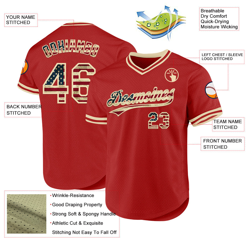 Custom Red Vintage USA Flag-Cream Authentic Throwback Baseball Jersey view 3
