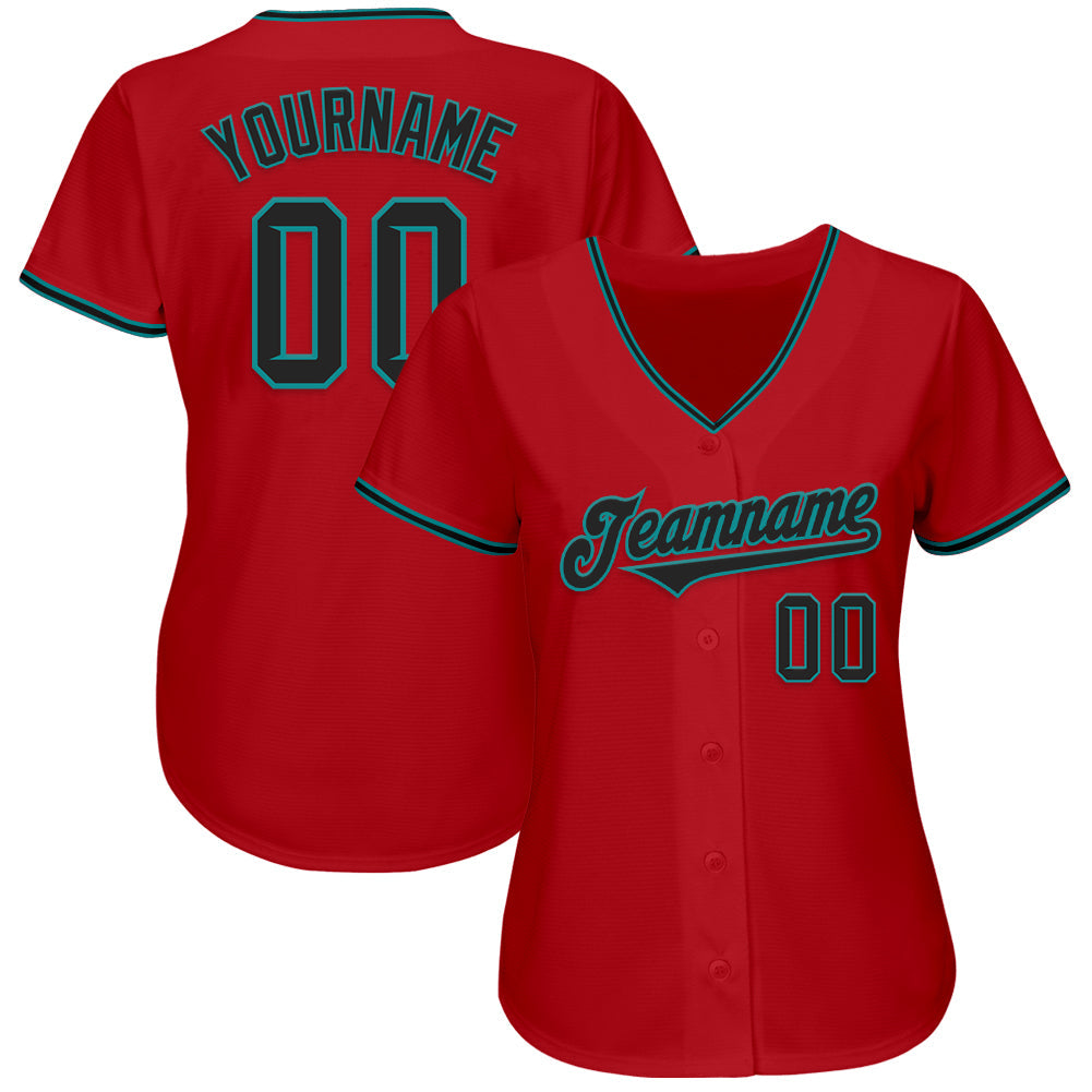 Custom Red Black-Teal Authentic Baseball Jersey view 2