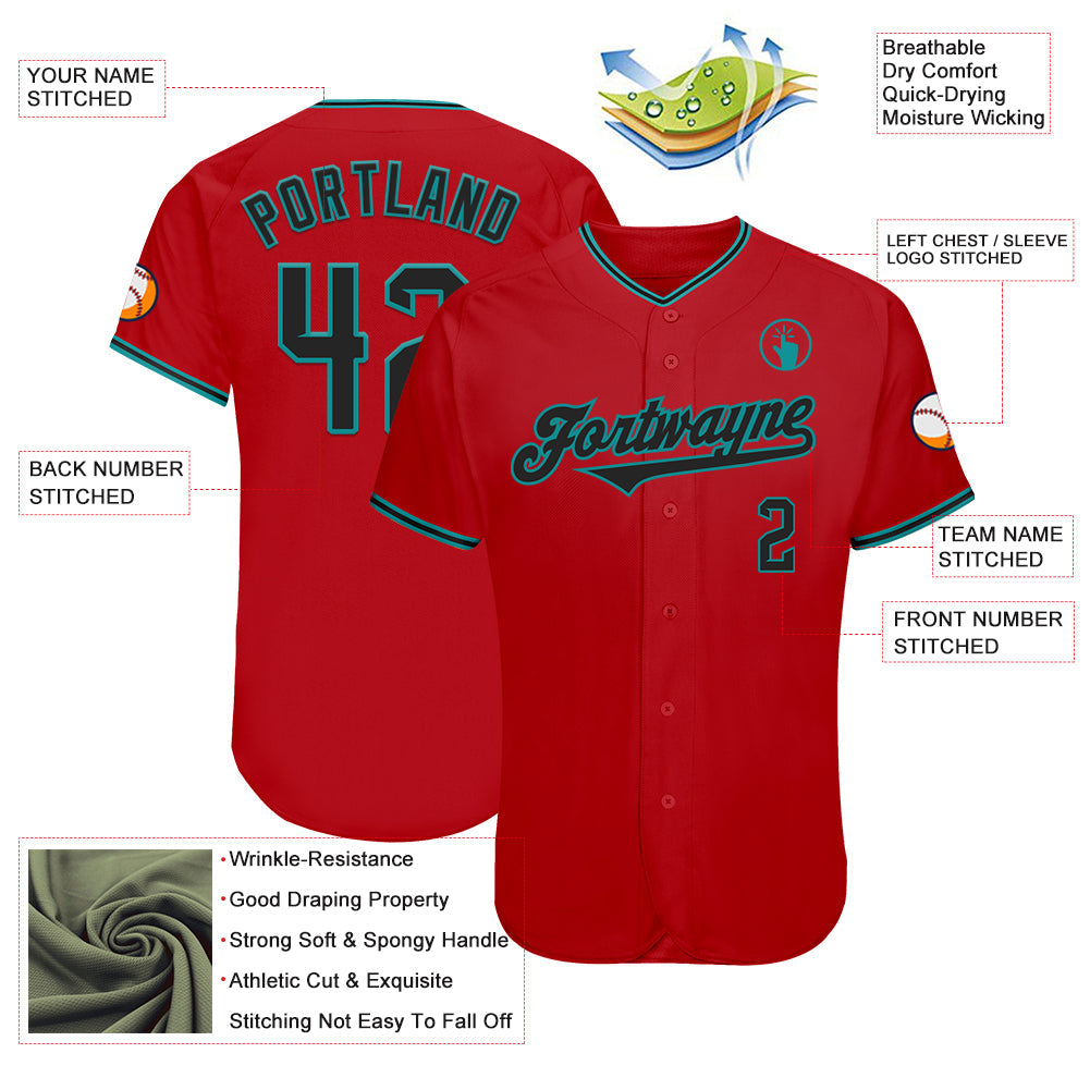 Custom Red Black-Teal Authentic Baseball Jersey view 3