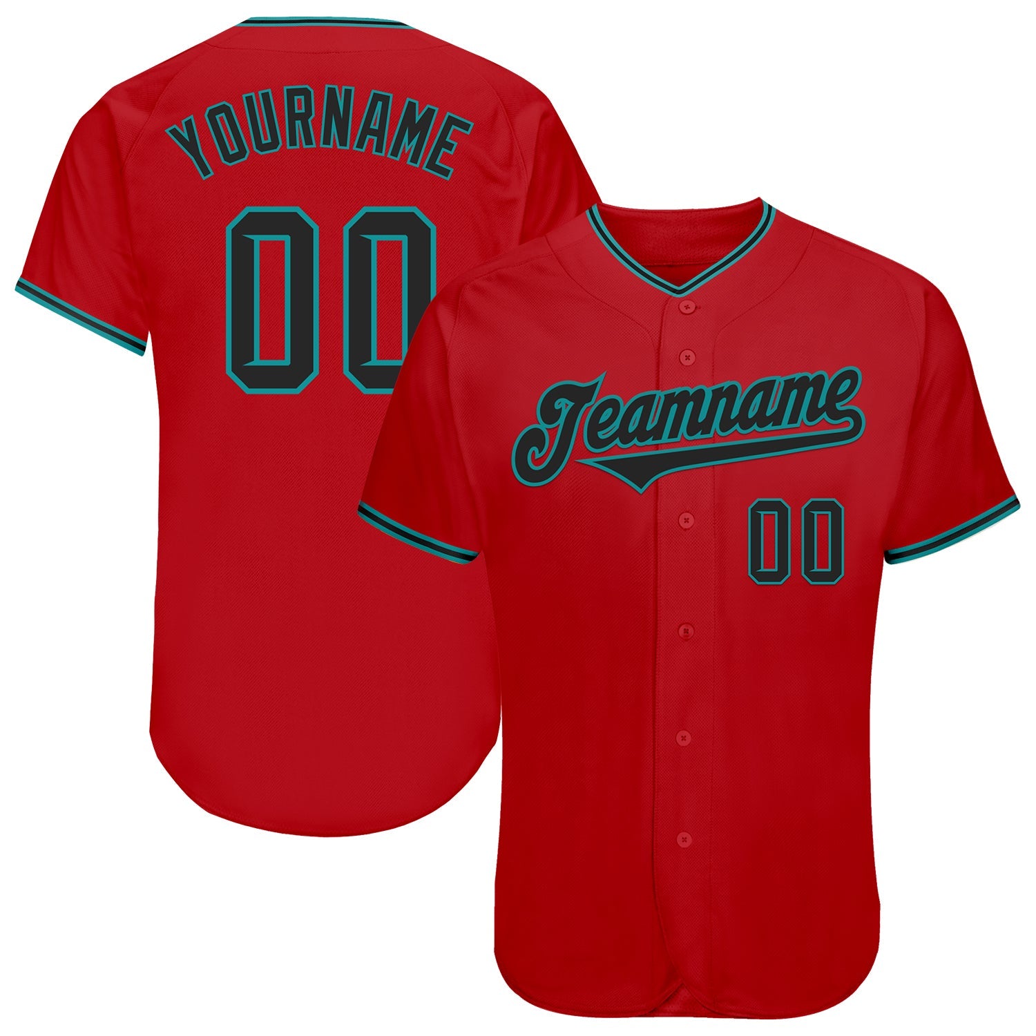 Custom Red Black-Teal Authentic Baseball Jersey - Main View