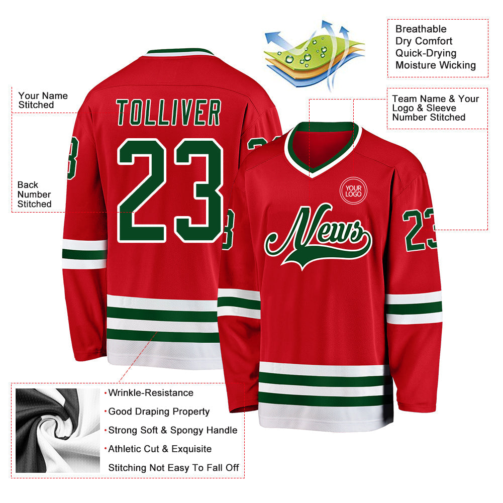Custom Red Green-White Hockey Jersey view 3