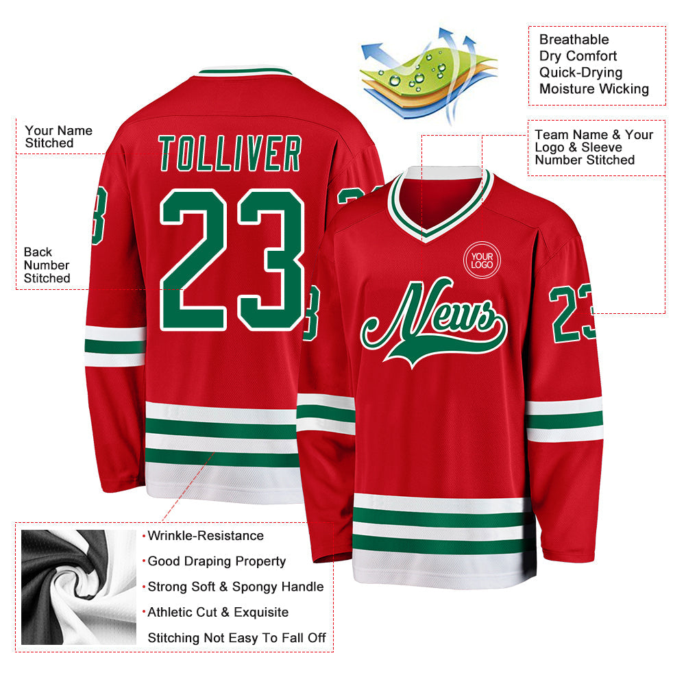 Custom Red Kelly Green-White Hockey Jersey view 3