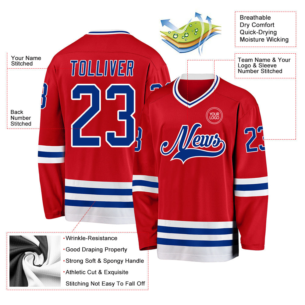 Custom Red Royal-White Hockey Jersey view 3