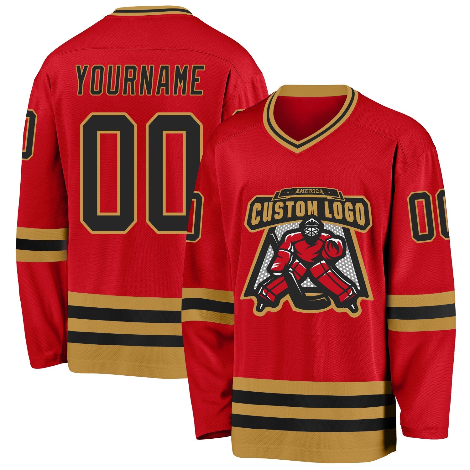 Custom Red Black-Old Gold Hockey Jersey view 2