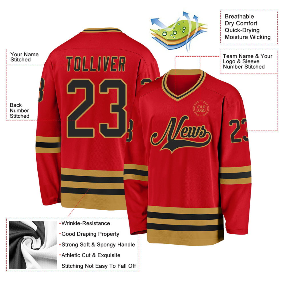 Custom Red Black-Old Gold Hockey Jersey view 3