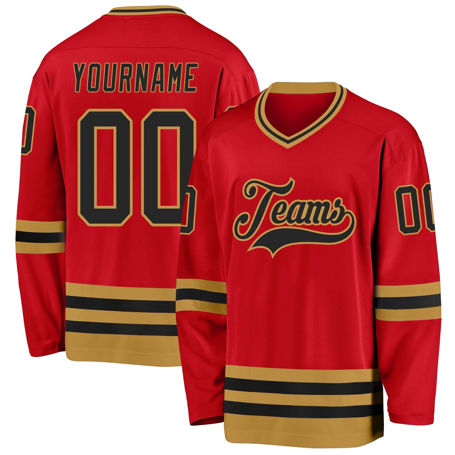 Custom Red Black-Old Gold Hockey Jersey - Main View