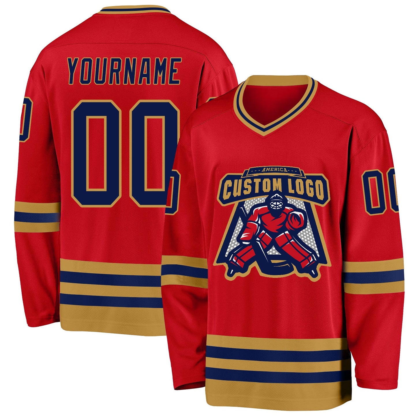 Custom Red Navy-Old Gold Hockey Jersey view 2