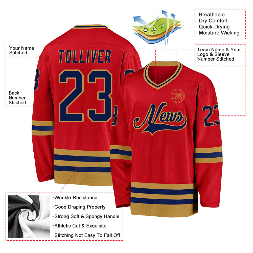 Custom Red Navy-Old Gold Hockey Jersey view 3