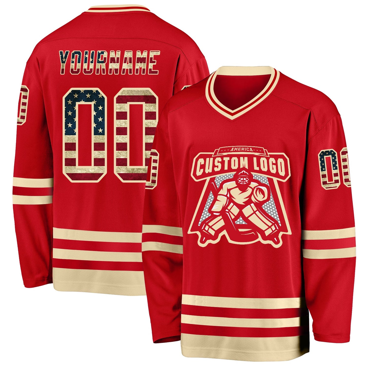Custom Red Vintage USA Flag-Cream Hockey Jersey view 2