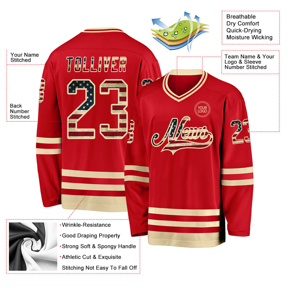 Custom Red Vintage USA Flag-Cream Hockey Jersey view 3