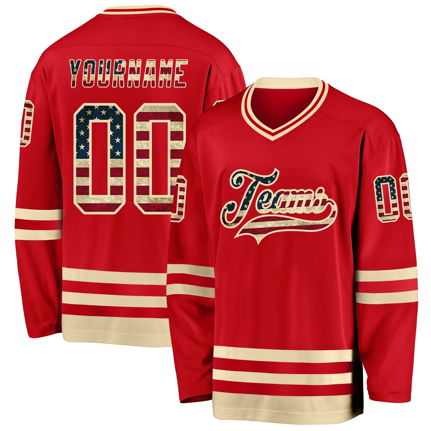 Custom Red Vintage USA Flag-Cream Hockey Jersey - Main View