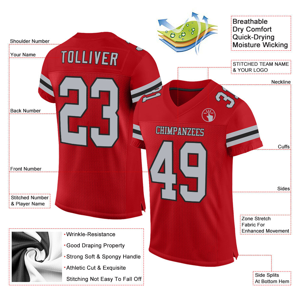 Custom Red Gray-Black Mesh Authentic Football Jersey view 2