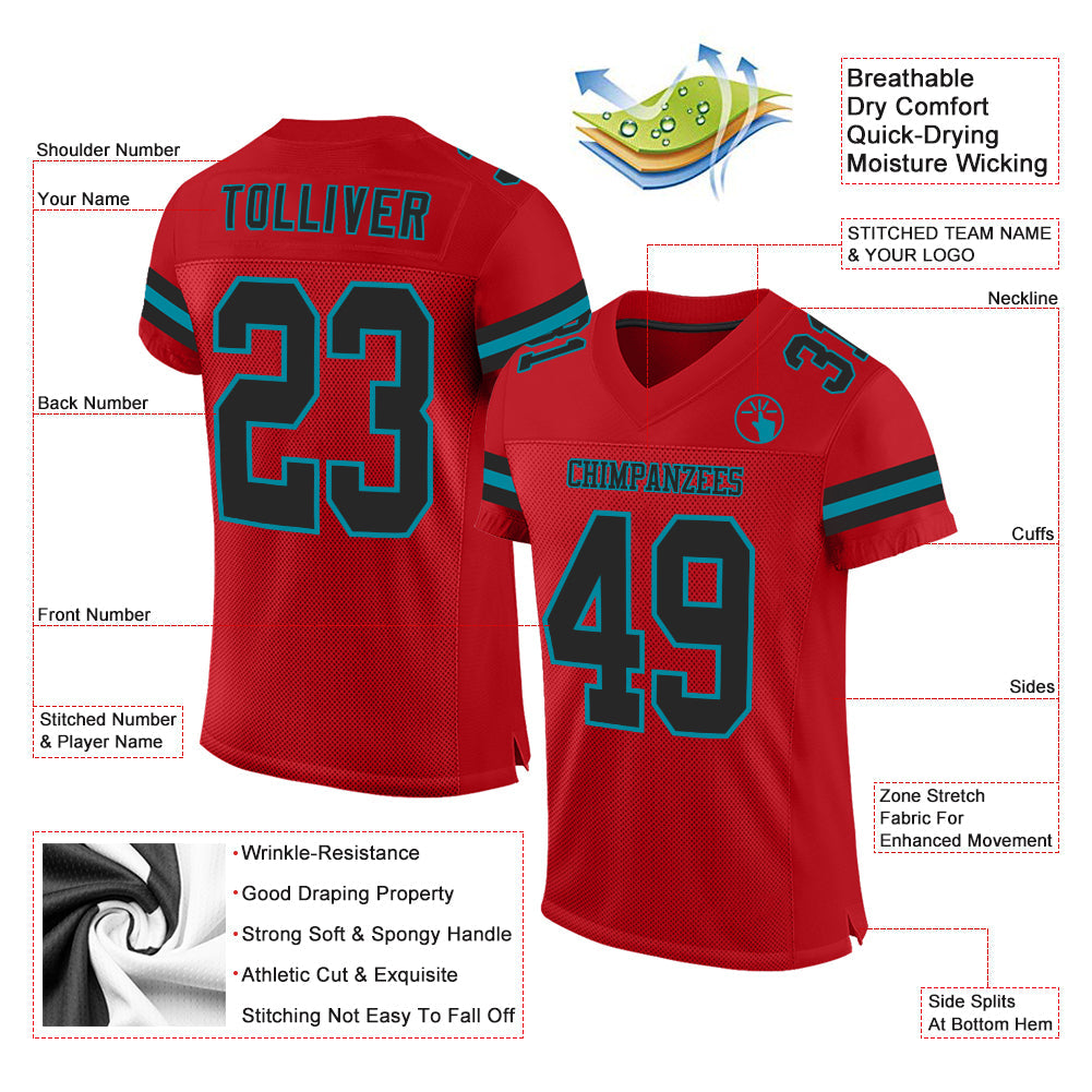 Custom Red Black-Teal Mesh Authentic Football Jersey view 2