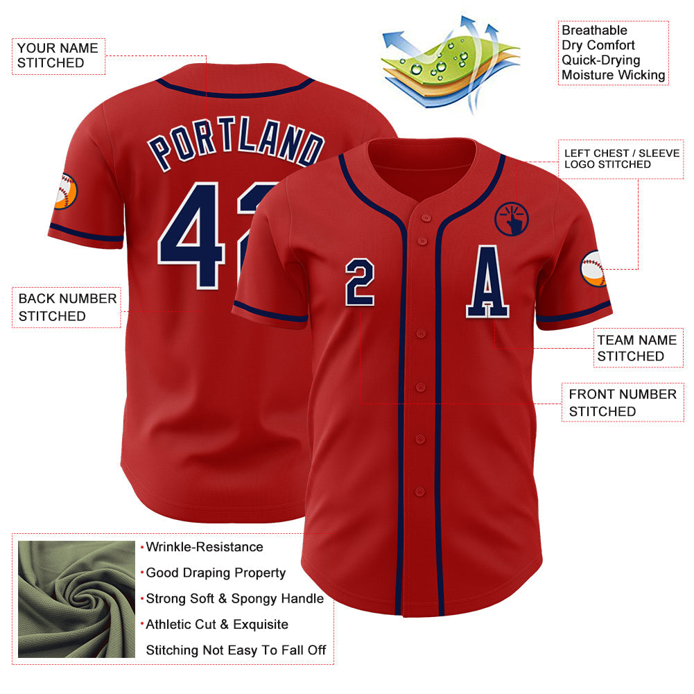Custom Red Navy-White Authentic Baseball Jersey view 2