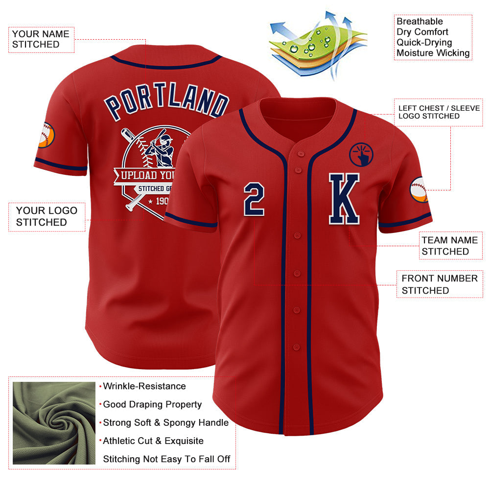 Custom Red Navy-White Authentic Baseball Jersey view 6