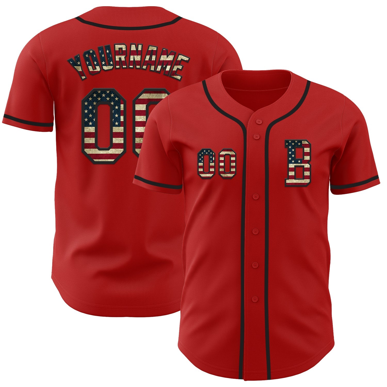 Custom Red Vintage USA Flag-Black Authentic Baseball Jersey - Main View