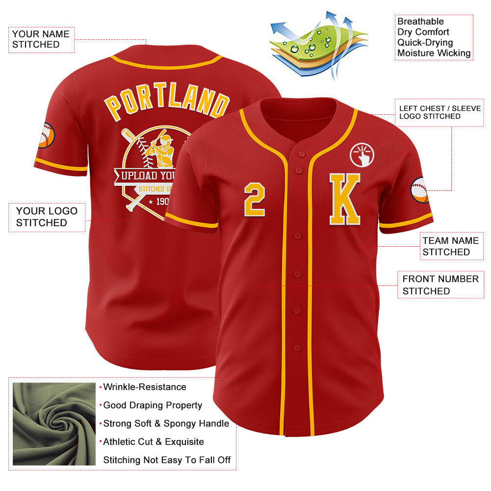 Custom Red Gold-White Authentic Baseball Jersey view 6