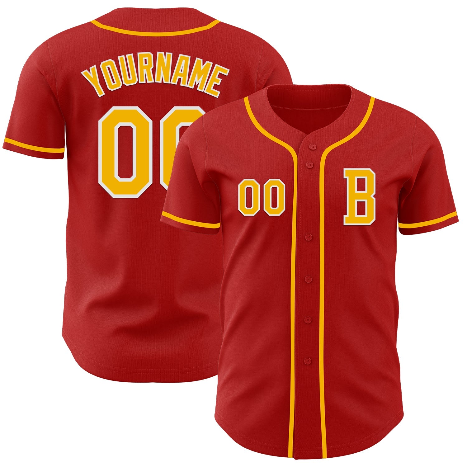 Custom Red Gold-White Authentic Baseball Jersey - Main View