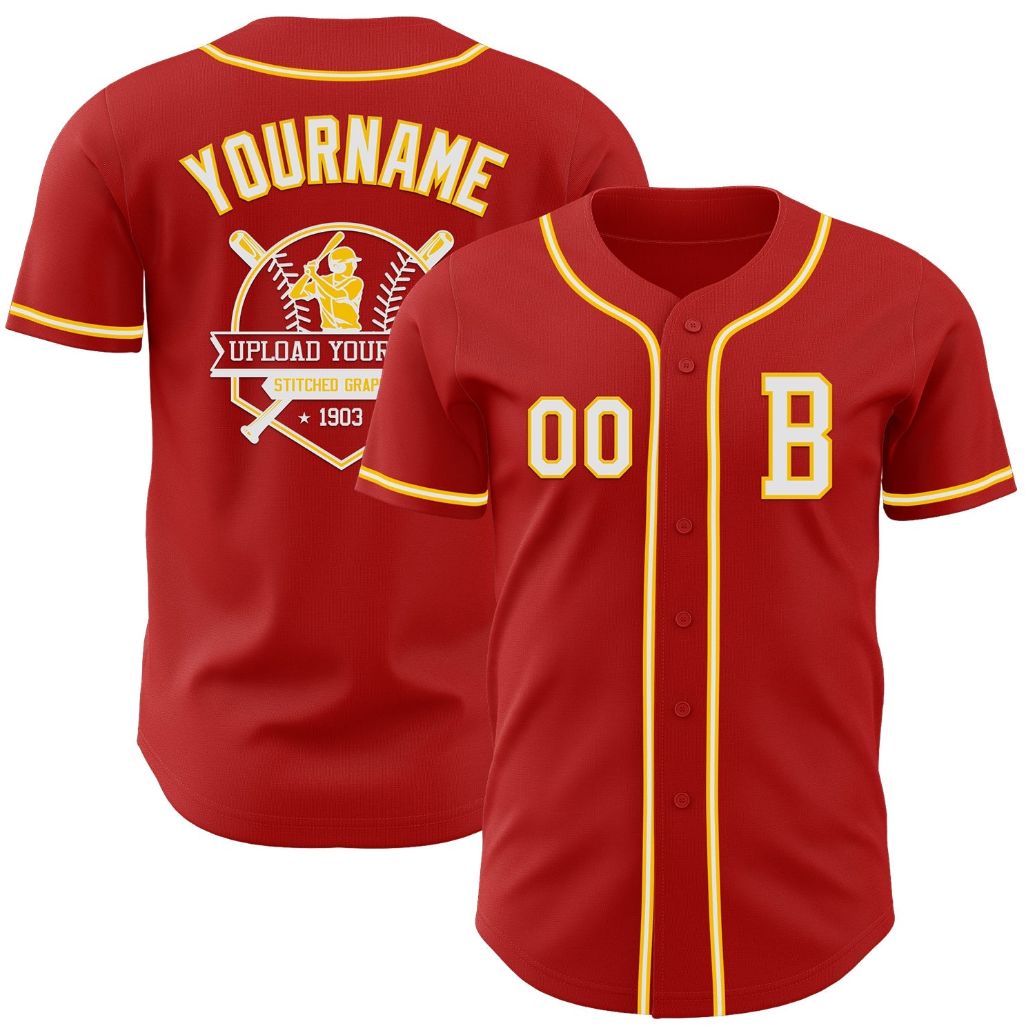 Custom Red White-Yellow Authentic Baseball Jersey view 5