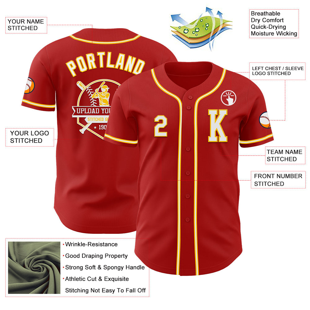 Custom Red White-Yellow Authentic Baseball Jersey view 6
