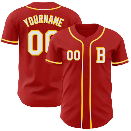 Custom Red White-Yellow Authentic Baseball Jersey - Main View