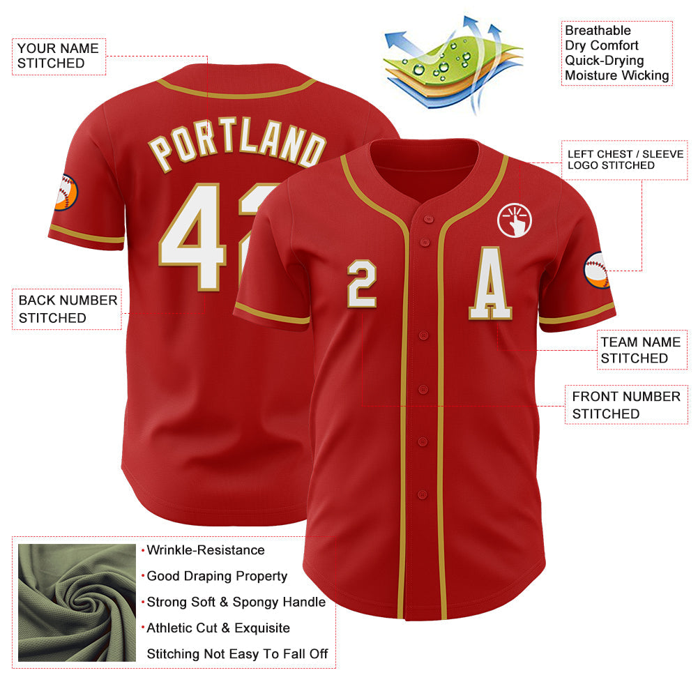 Custom Red White-Old Gold Authentic Baseball Jersey view 2