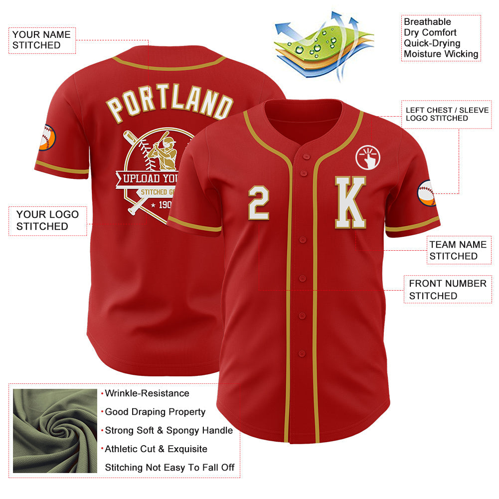 Custom Red White-Old Gold Authentic Baseball Jersey view 6