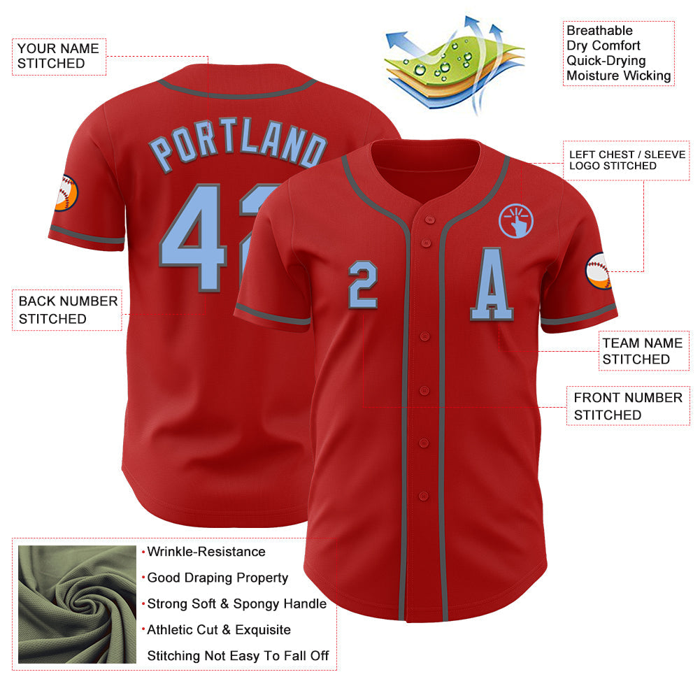 Custom Red Light Blue-Steel Gray Authentic Baseball Jersey view 2