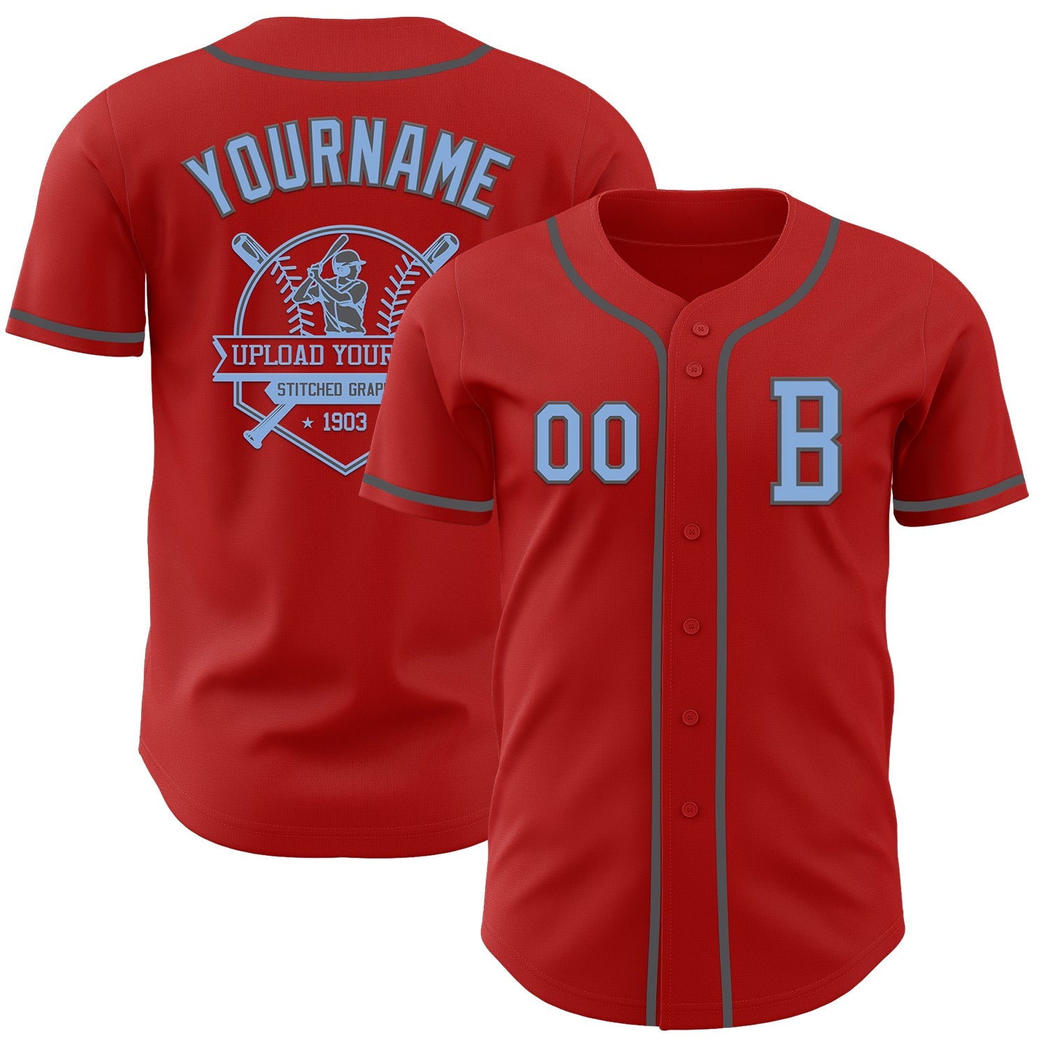 Custom Red Light Blue-Steel Gray Authentic Baseball Jersey view 5