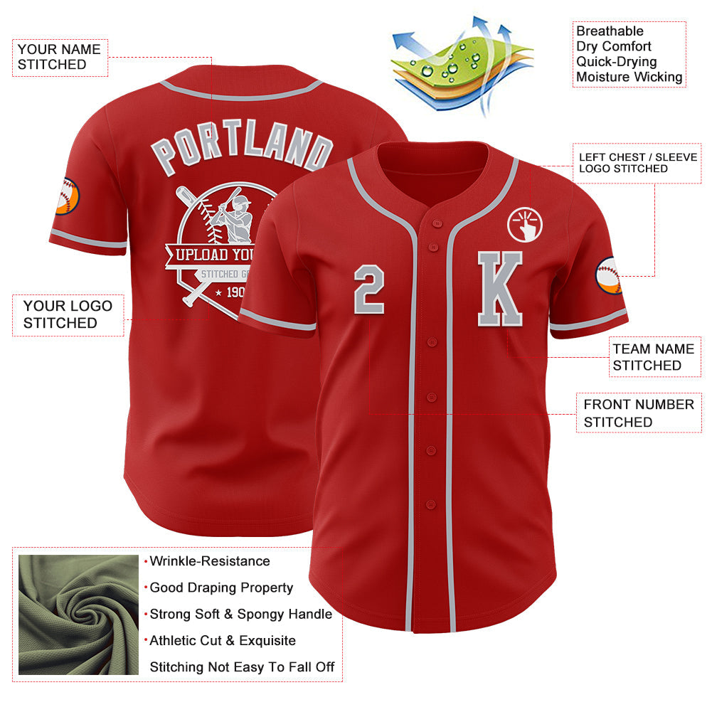 Custom Red Gray-White Authentic Baseball Jersey view 6