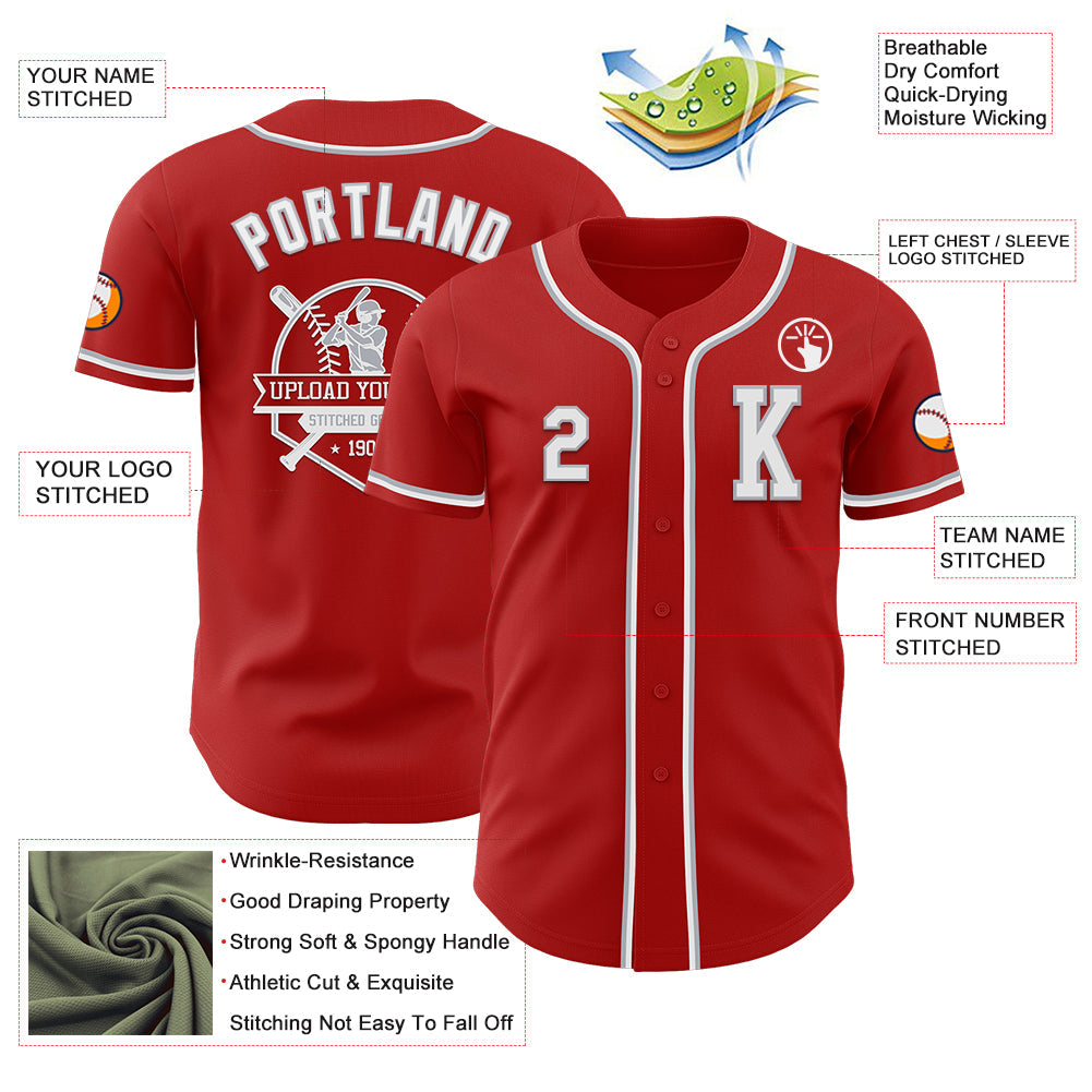 Custom Red White-Gray Authentic Baseball Jersey view 6