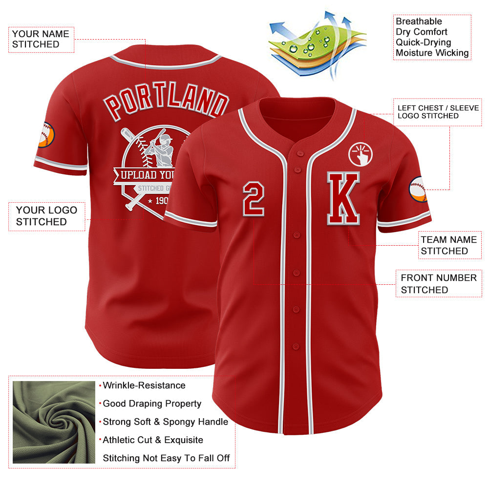 Custom Red White-Gray Authentic Baseball Jersey view 6