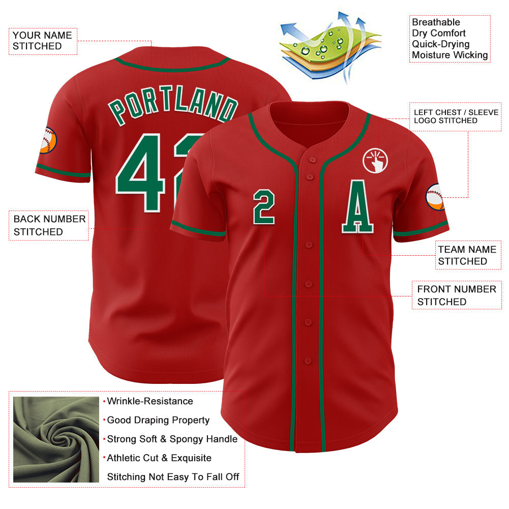 Custom Red Kelly Green-White Authentic Baseball Jersey view 2