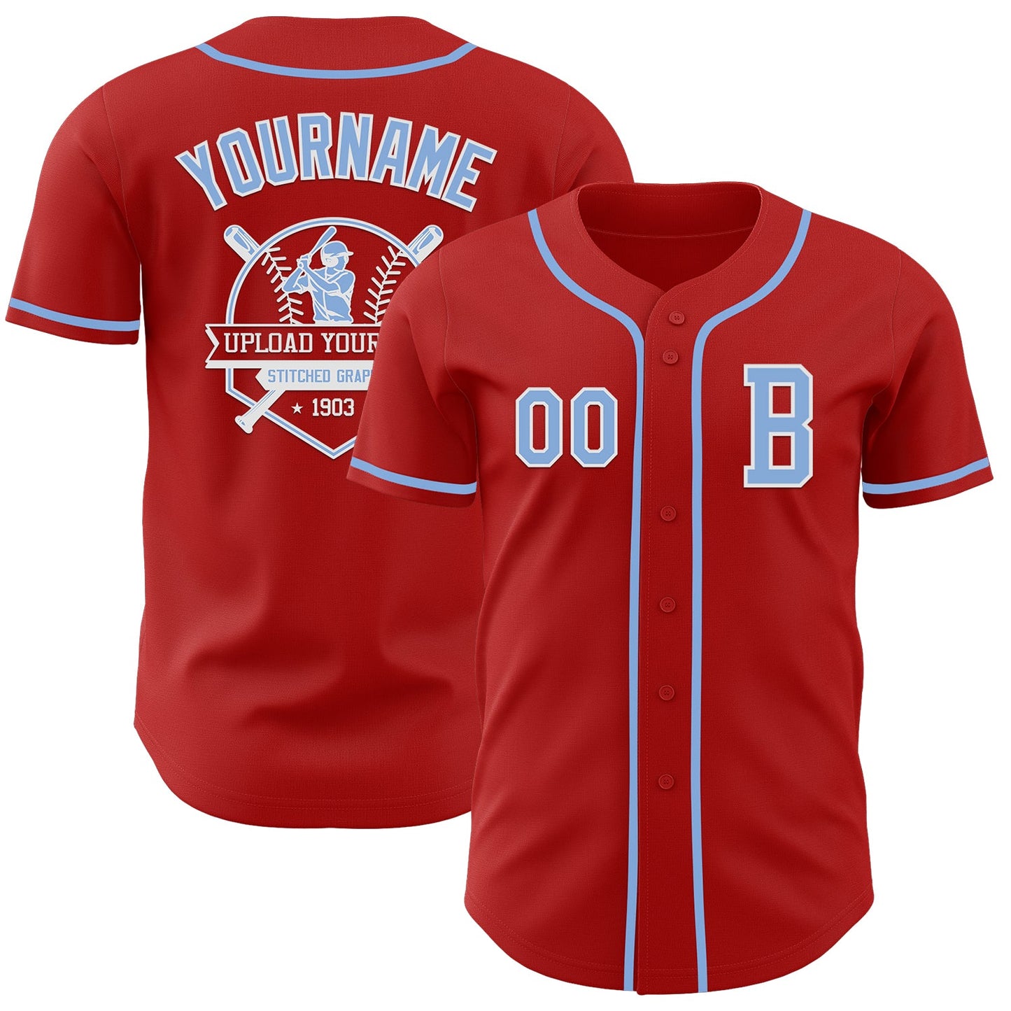 Custom Red Light Blue-White Authentic Baseball Jersey view 5