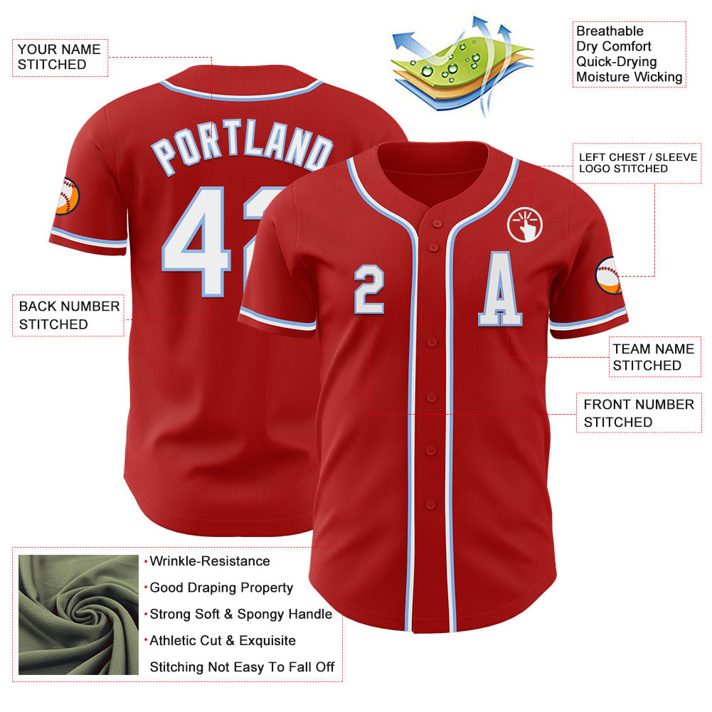 Custom Red White-Light Blue Authentic Baseball Jersey view 2