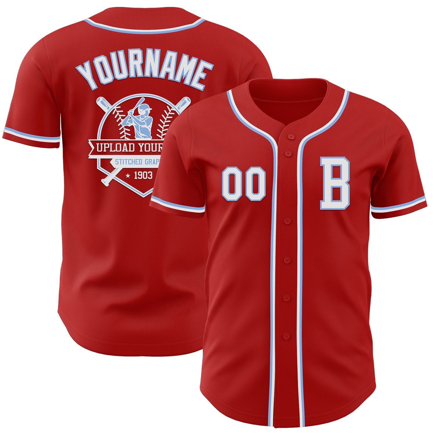 Custom Red White-Light Blue Authentic Baseball Jersey view 5